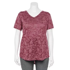 Plus Size Tek Gear® Essential Short Sleeve V-Neck Tee -Casual Wear Hub 3112953 Wine Burnout
